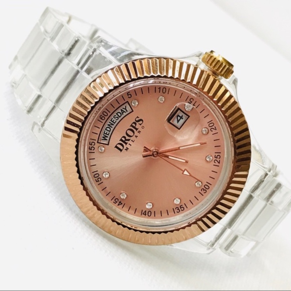 Drops Milano Rose Gold Plastic Acrylic Band Watch Stainless Steel Womens
